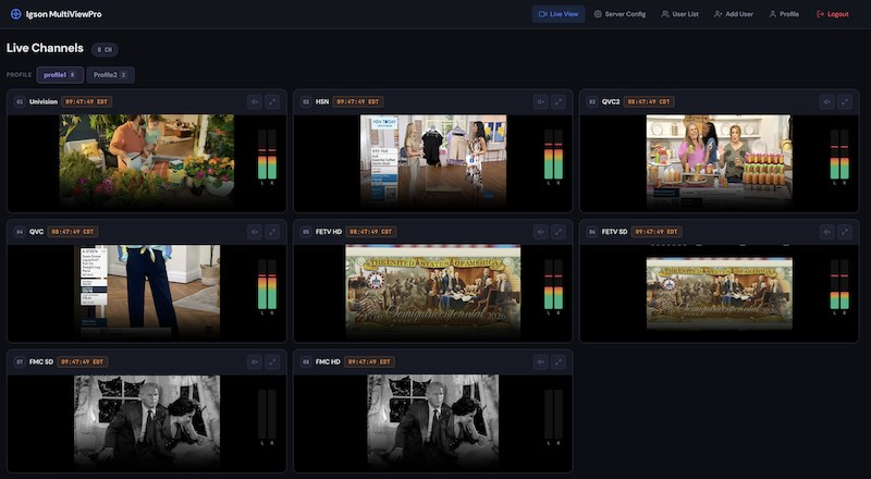 MultiView.Pro live channels view: nine broadcast feeds in a grid, each with channel name, source-local clock and VU meters